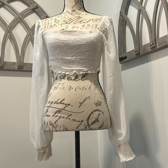Forever 21 Tops - Sheer Long Sleeve Crop Top White Smocked Body And Bottom of Sleeves Size Large